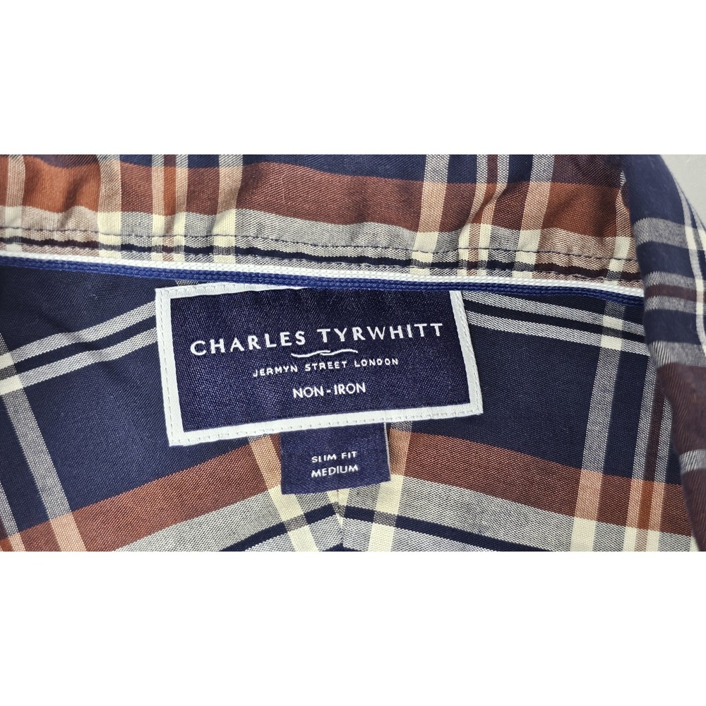 Charles Tyrwhitt Button Down Shirt Mens Medium Non Iron Slim Fit Blue Brown - Picture 2 of 7